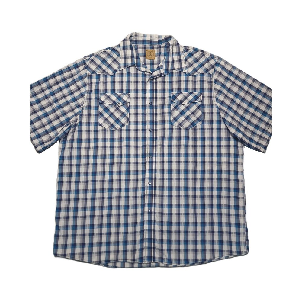GC Blue Pearl Snap Shirt Mens 4XL Blue White Plaid Short Sleeve Western Cowboy